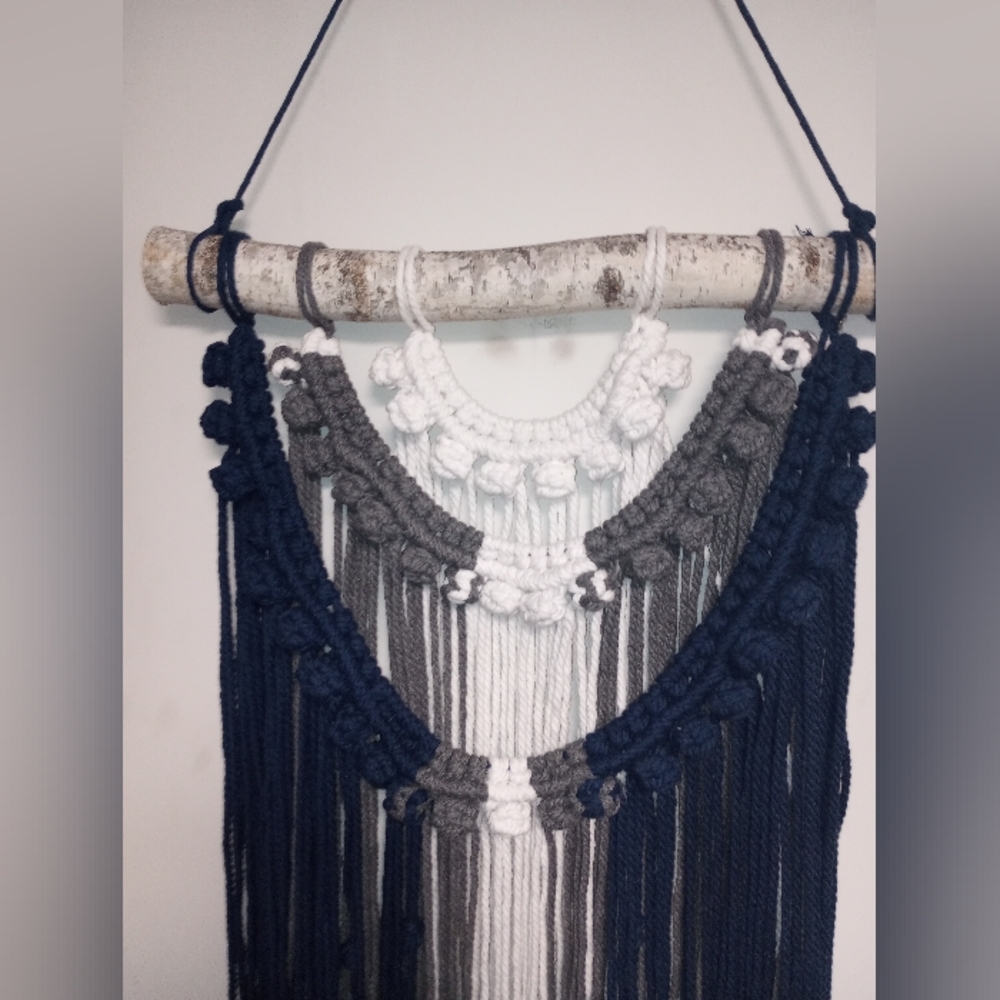 💙🩶🤍 Handmade Birch Wood Macrame Wall Hanging deco home decoration - Picture 3 of 9